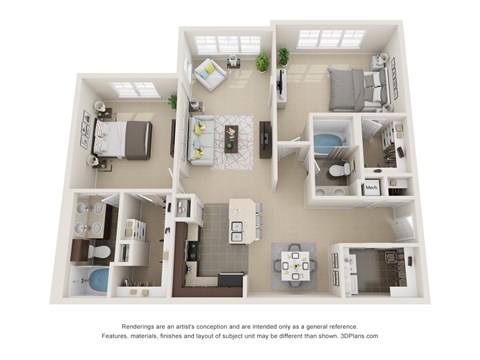 A 3D floor plan of a house with a kitchen, living room, and two bedrooms.